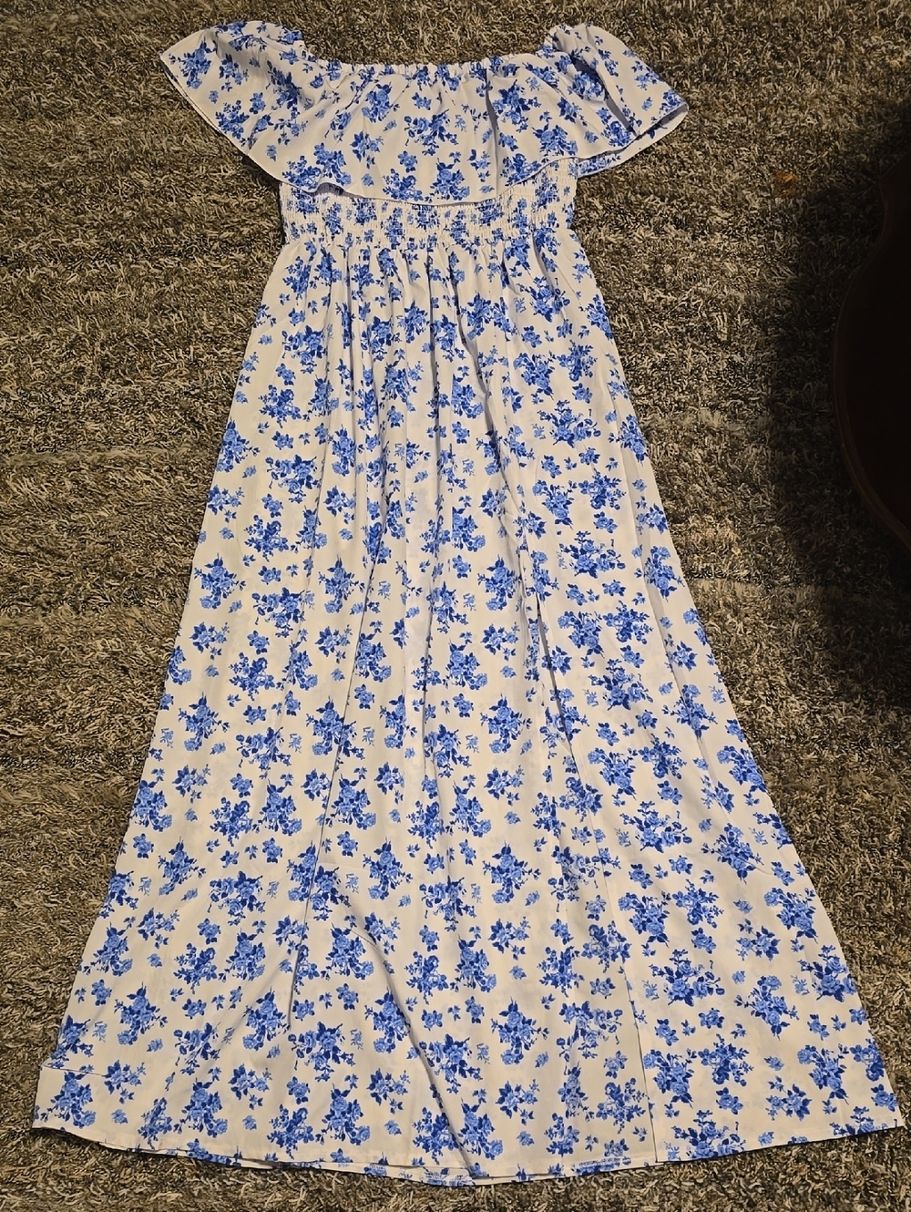 SHEIN White Off-Shoulder Maxi Dress with Blue Floral Print